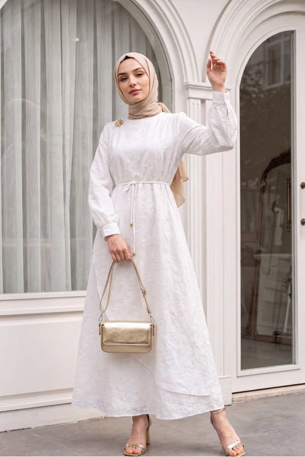 Double-layered front, belted brooch detail, lined linen dress -White