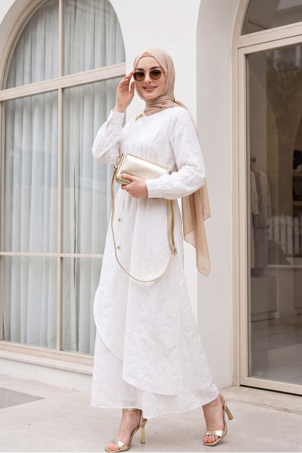 Double-layered front, belted brooch detail, lined linen dress -White