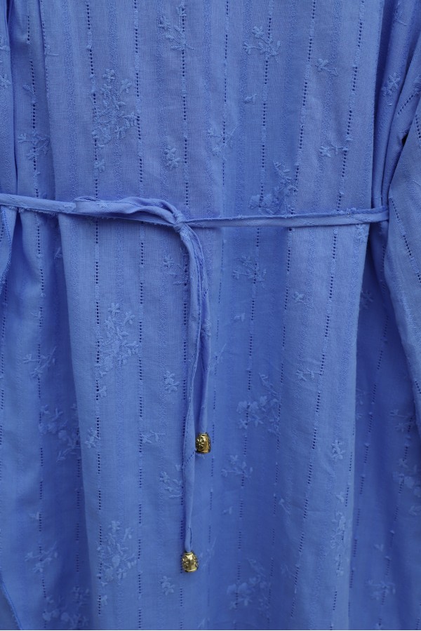 Double-layered front, belted brooch detail, lined linen dress -Blue