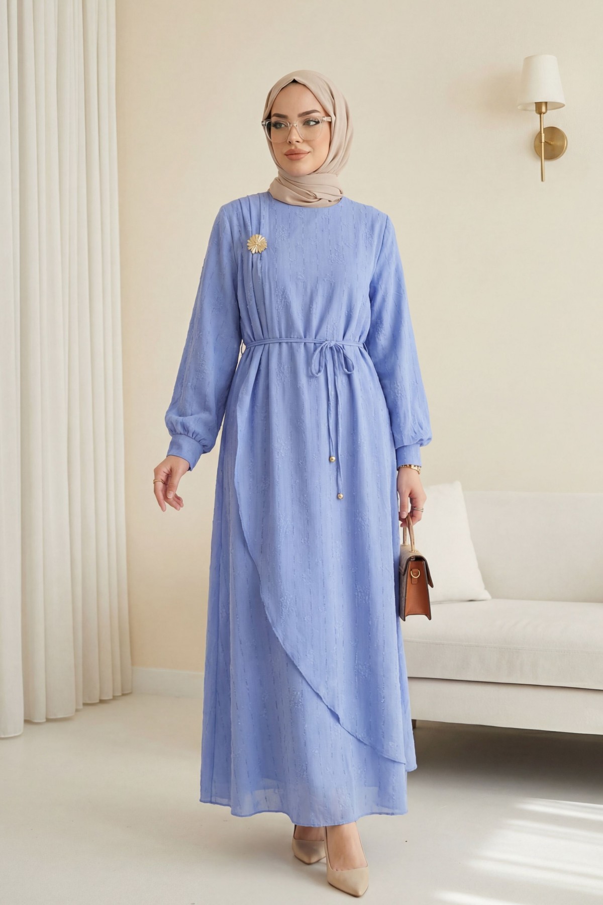 Double-layered front, belted brooch detail, lined linen dress -Blue