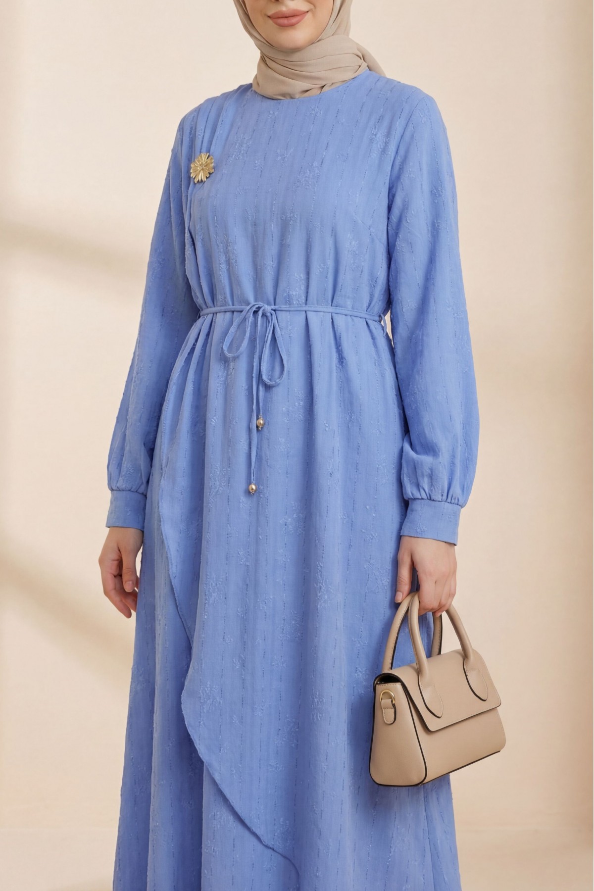 Double-layered front, belted brooch detail, lined linen dress -Blue