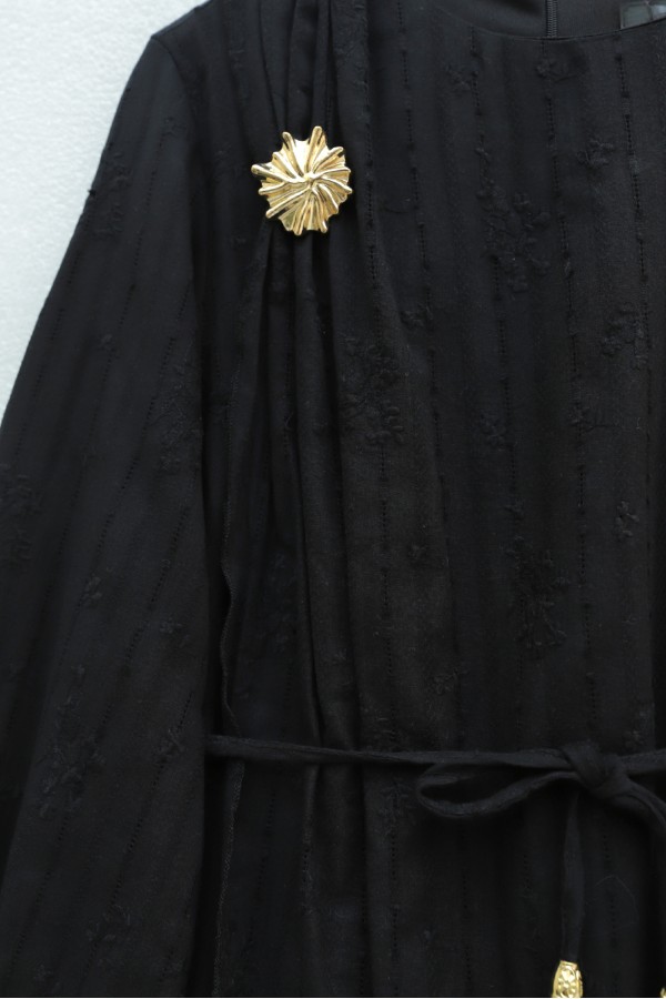 Double-layered front, belted brooch detail, lined linen dress. -Black