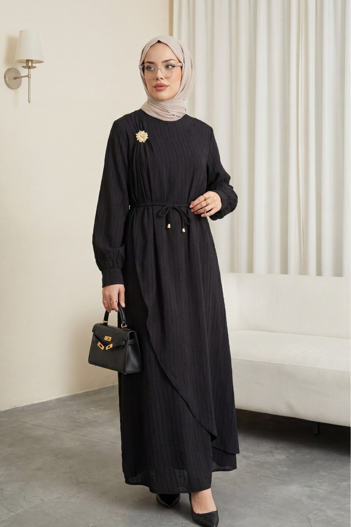 Double-layered front, belted brooch detail, lined linen dress. -Black