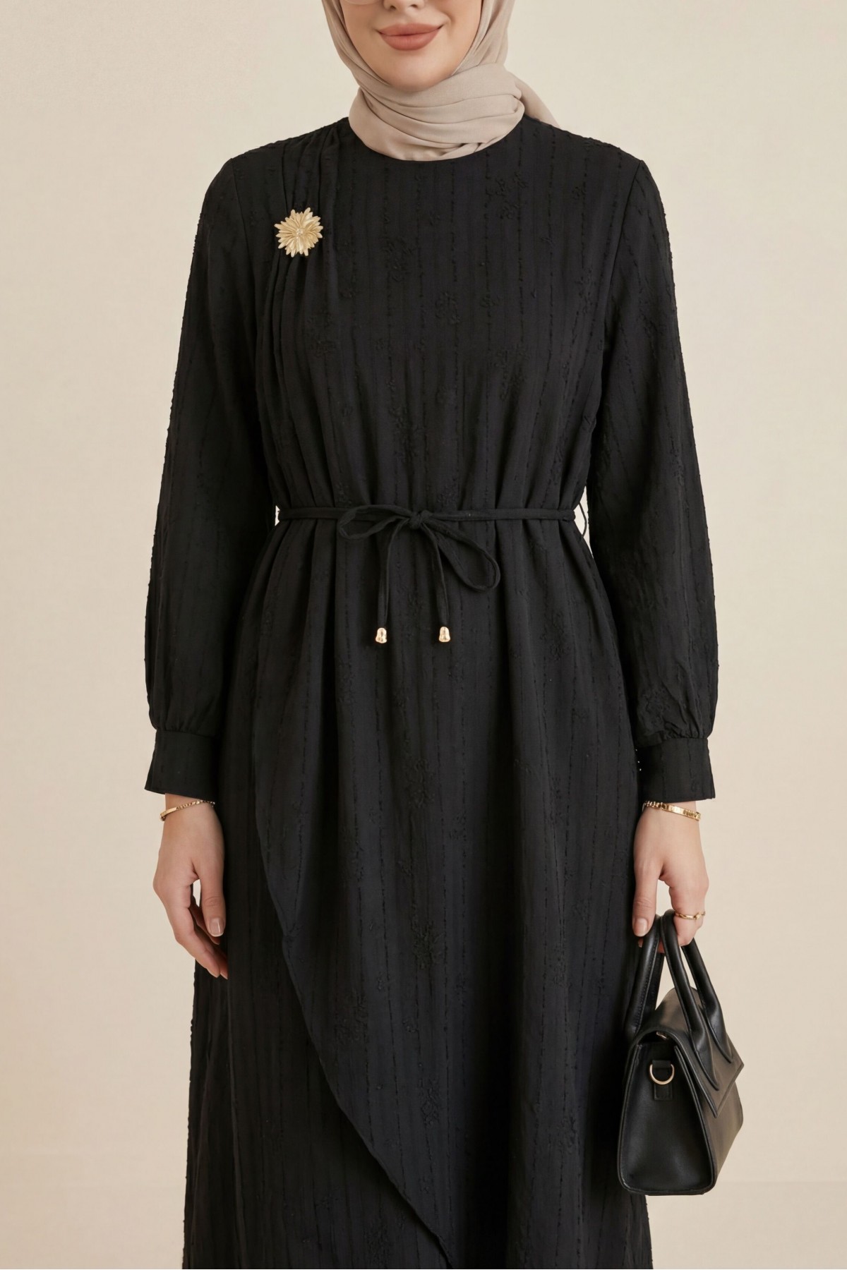 Double-layered front, belted brooch detail, lined linen dress. -Black