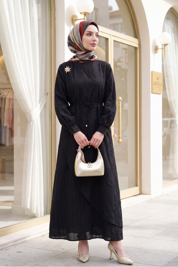 Double-layered front, belted brooch detail, lined linen dress. -Black
