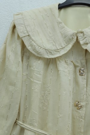 Peter Pan Collar, Lace-Up Buttoned Skirt, Lined Linen Set- Beige