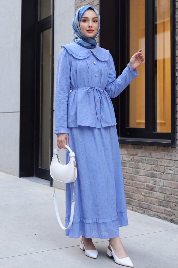 Peter Pan Collar, Lace-Up Buttoned Skirt, Lined Linen Set -Blue