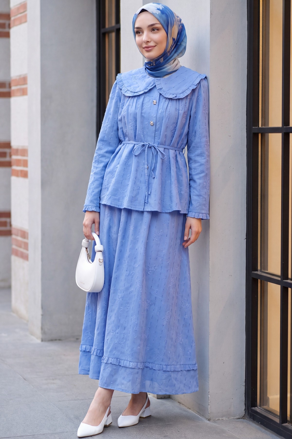 Peter Pan Collar, Lace-Up Buttoned Skirt, Lined Linen Set -Blue