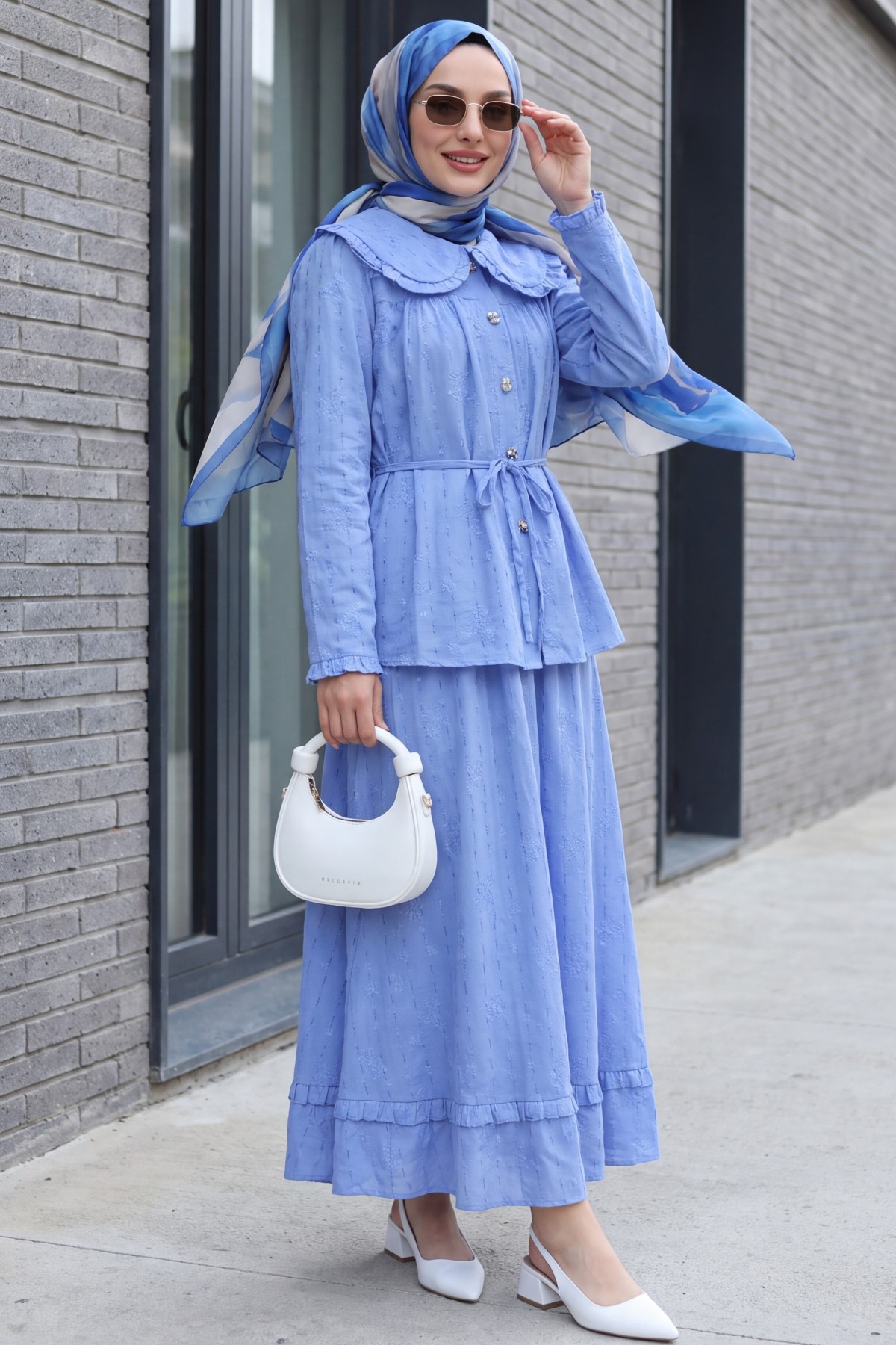 Peter Pan Collar, Lace-Up Buttoned Skirt, Lined Linen Set -Blue