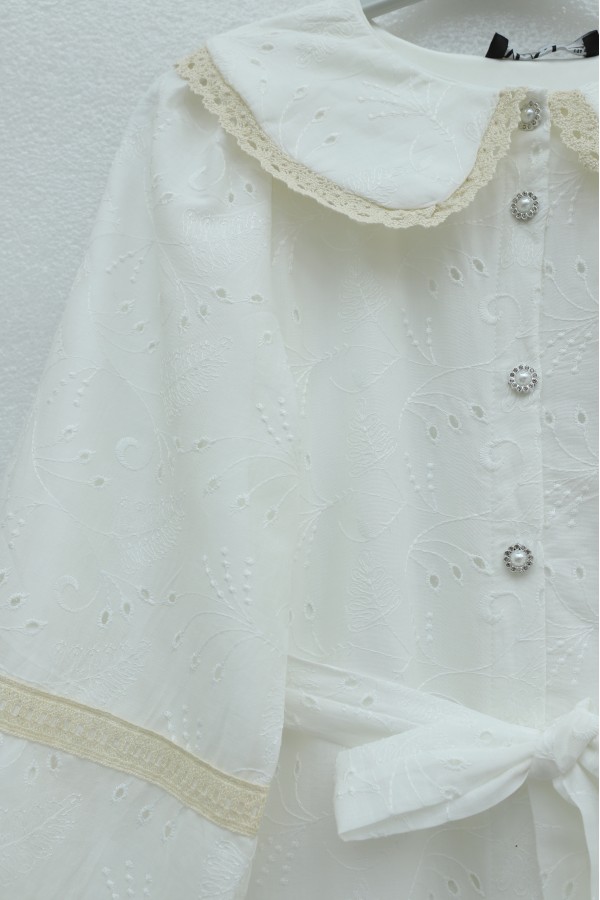 Peter Pan Collar Ruffled Full-Length Buttoned Belted Lined Linen Dress -White