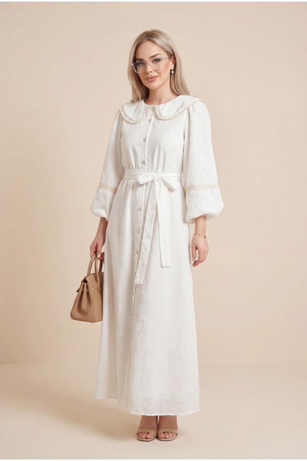 Peter Pan Collar Ruffled Full-Length Buttoned Belted Lined Linen Dress -White