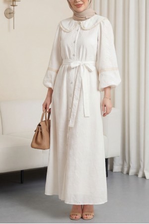 Bebe Yaka Fistolu Boydan Düğmeli Kemerli Astarlı Keten Elbise -Beyaz