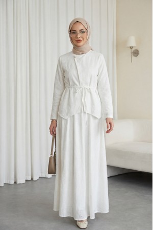 Önü Çapraz Tek Düğmeli Bağcıklı Astarlı Fisto Keten Takım  -Beyaz