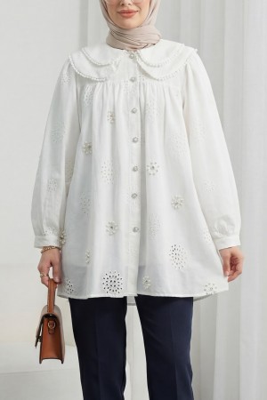 Bebe Yaka Dantelli İnci Ve Taş Detaylı Astarlı Keten Gömlek -Beyaz