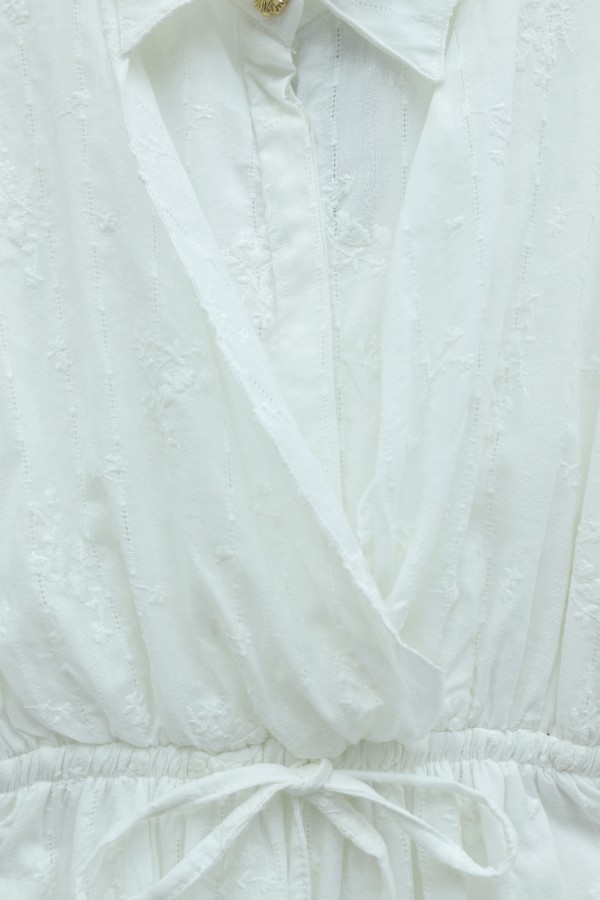Half-buttoned, elasticated waist with drawstring detail, lined linen dress. -White
