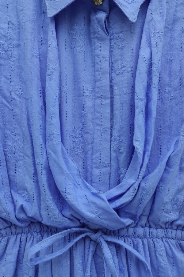 Half-buttoned, elasticated waist with drawstring detail, lined linen dress. -Blue
