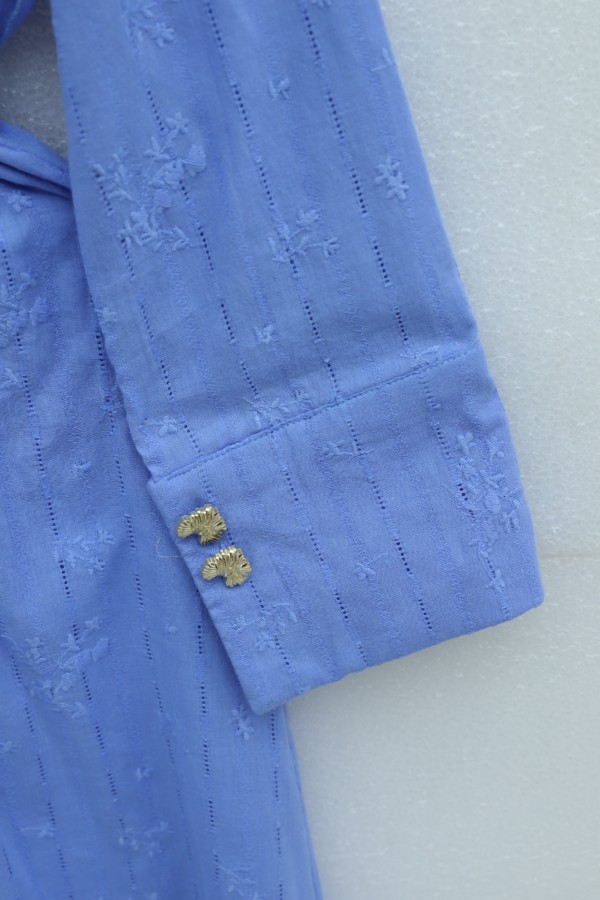 Half-buttoned, elasticated waist with drawstring detail, lined linen dress. -Blue