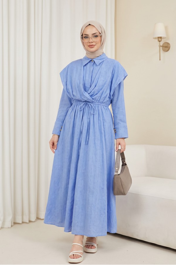 Half-buttoned, elasticated waist with drawstring detail, lined linen dress. -Blue