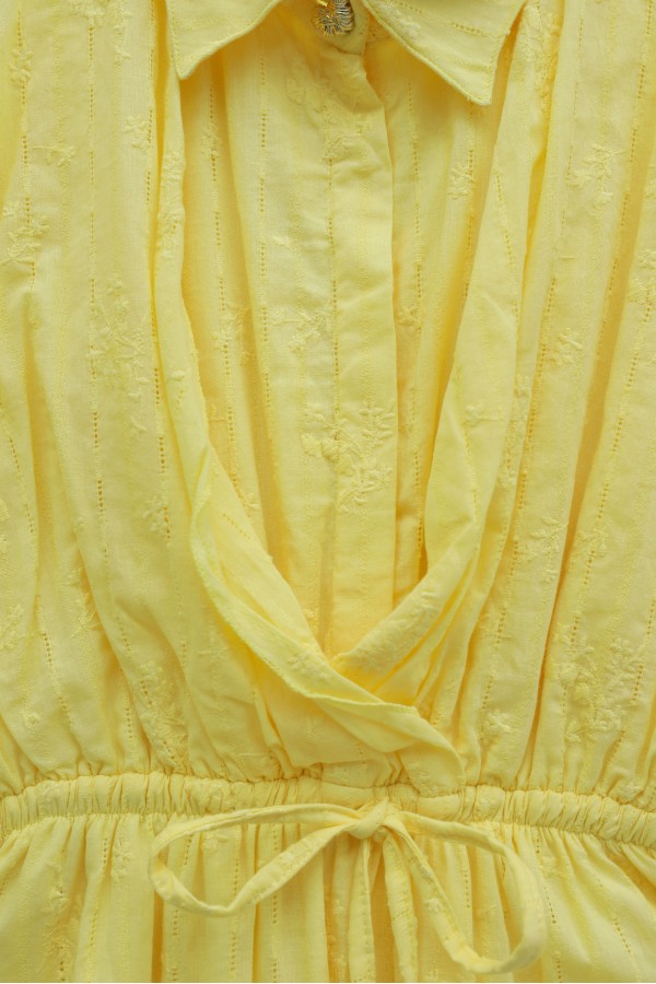 Half-buttoned, elasticated waist with drawstring detail, lined linen dress. -Yellow