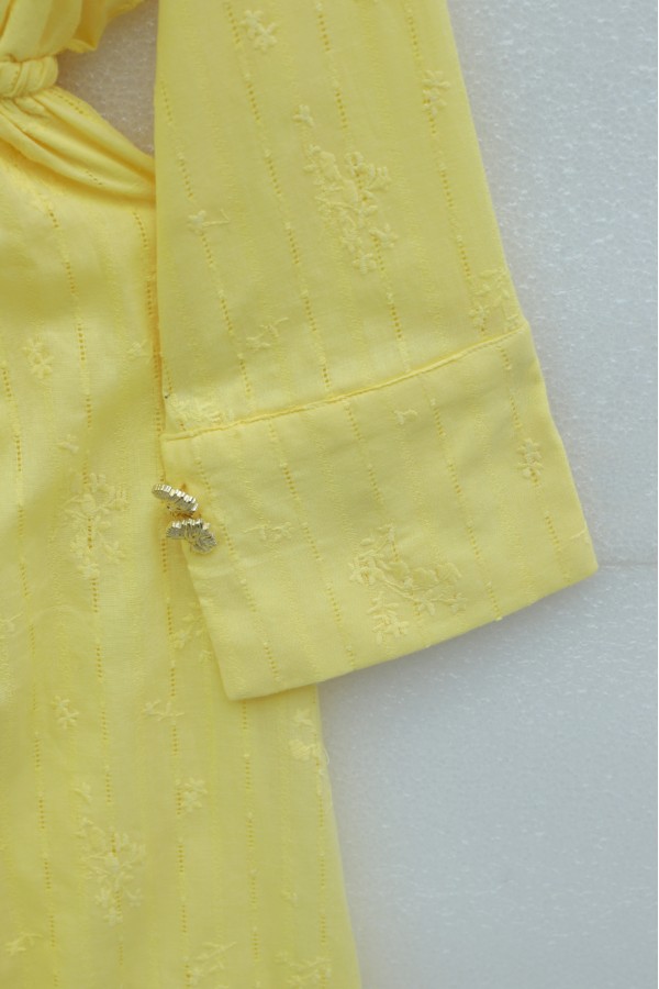 Half-buttoned, elasticated waist with drawstring detail, lined linen dress. -Yellow