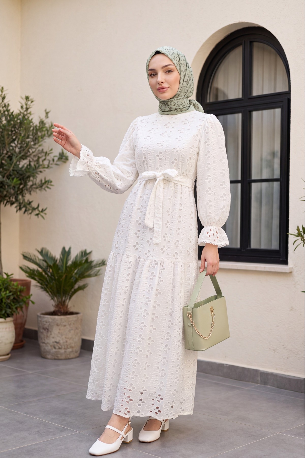 Crew Neck, Ruffled, Elasticated Sleeves, Lined Long Linen Dress -White