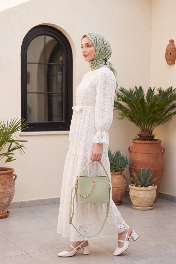 Crew Neck, Ruffled, Elasticated Sleeves, Lined Long Linen Dress -White