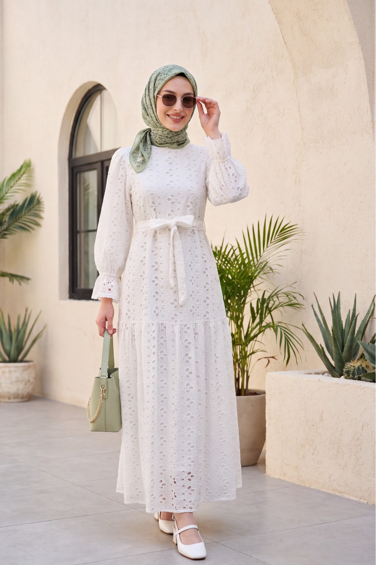 Crew Neck, Ruffled, Elasticated Sleeves, Lined Long Linen Dress -White