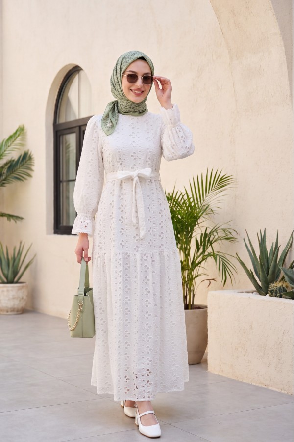 Crew Neck, Ruffled, Elasticated Sleeves, Lined Long Linen Dress -White