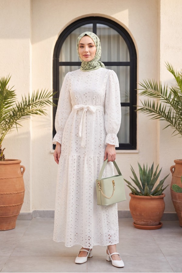Crew Neck, Ruffled, Elasticated Sleeves, Lined Long Linen Dress -White