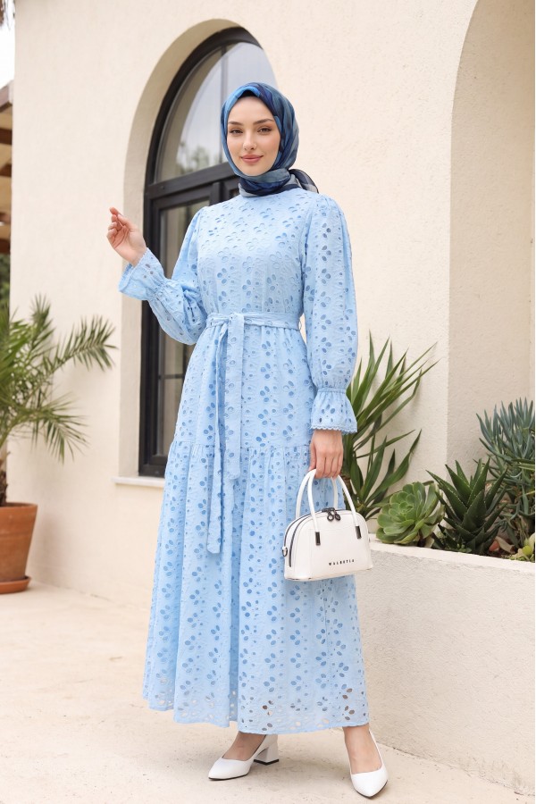 Crew Neck, Ruffled, Elasticated Sleeves, Lined Long Linen Dress -Blue