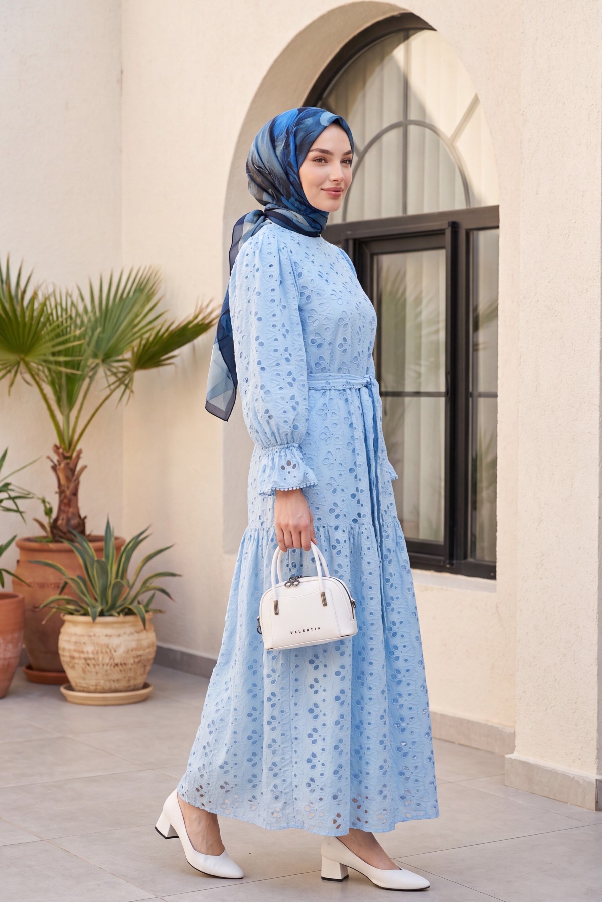 Crew Neck, Ruffled, Elasticated Sleeves, Lined Long Linen Dress -أزرق