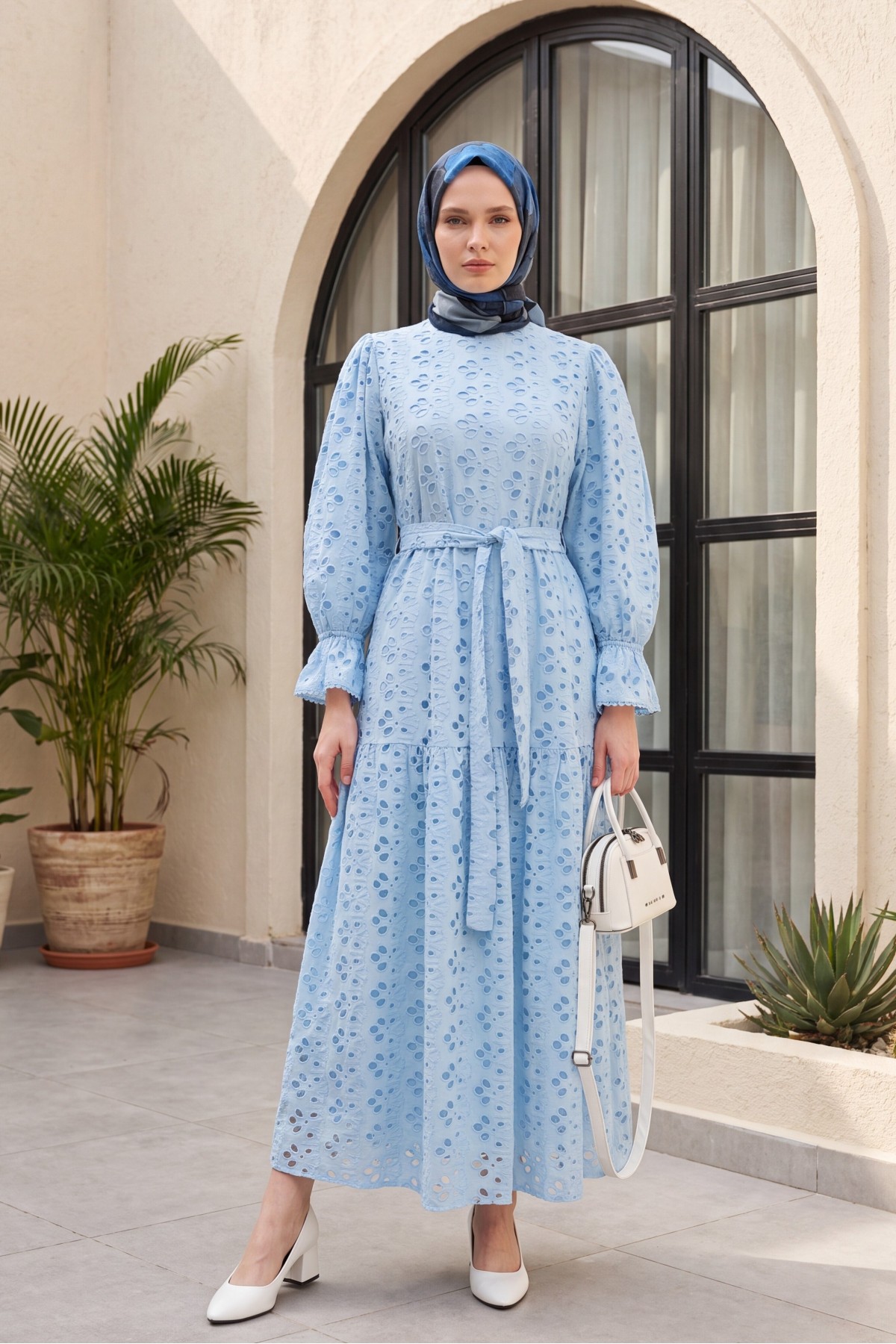 Crew Neck, Ruffled, Elasticated Sleeves, Lined Long Linen Dress -أزرق