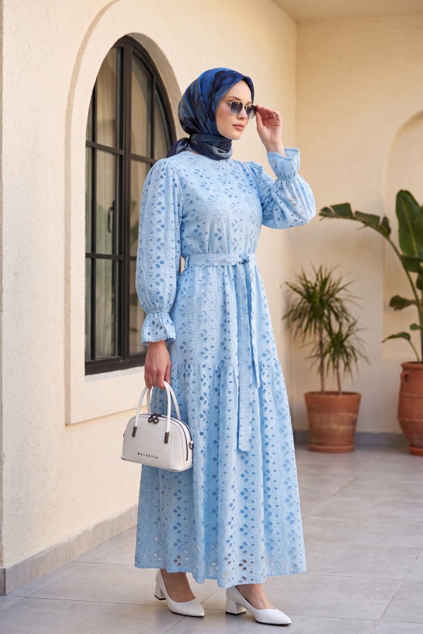 Crew Neck, Ruffled, Elasticated Sleeves, Lined Long Linen Dress -Blue
