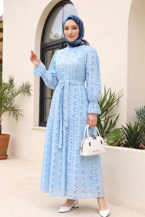 Crew Neck, Ruffled, Elasticated Sleeves, Lined Long Linen Dress -Blue