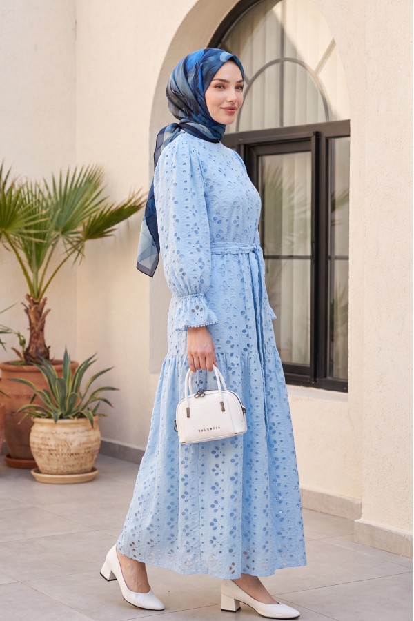 Crew Neck, Ruffled, Elasticated Sleeves, Lined Long Linen Dress -Blue
