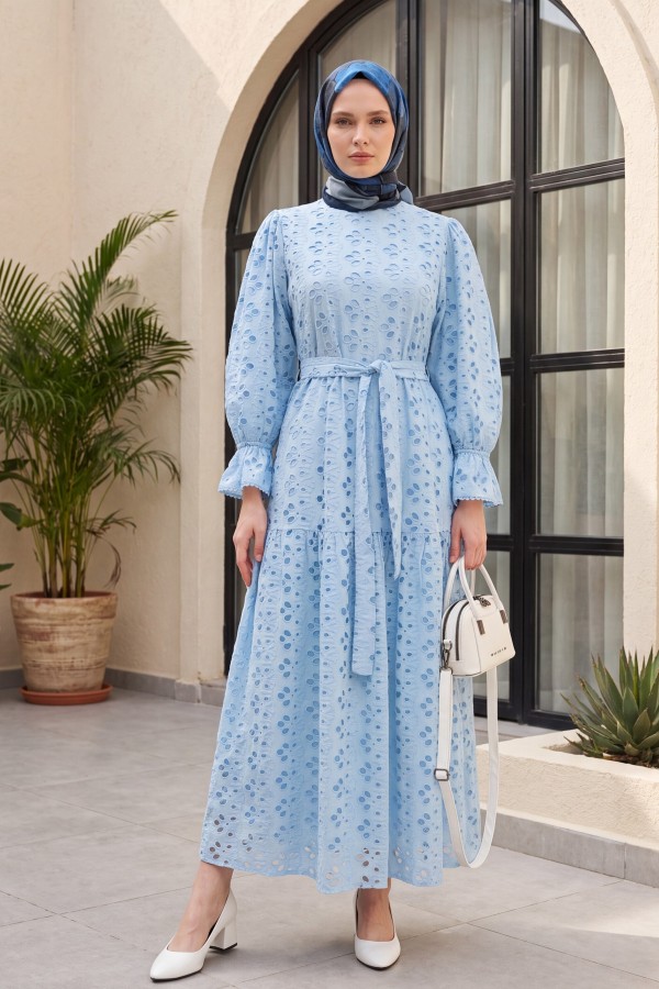 Crew Neck, Ruffled, Elasticated Sleeves, Lined Long Linen Dress -Blue
