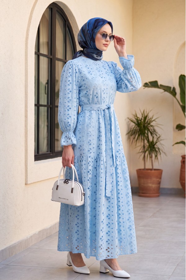 Crew Neck, Ruffled, Elasticated Sleeves, Lined Long Linen Dress -Blue