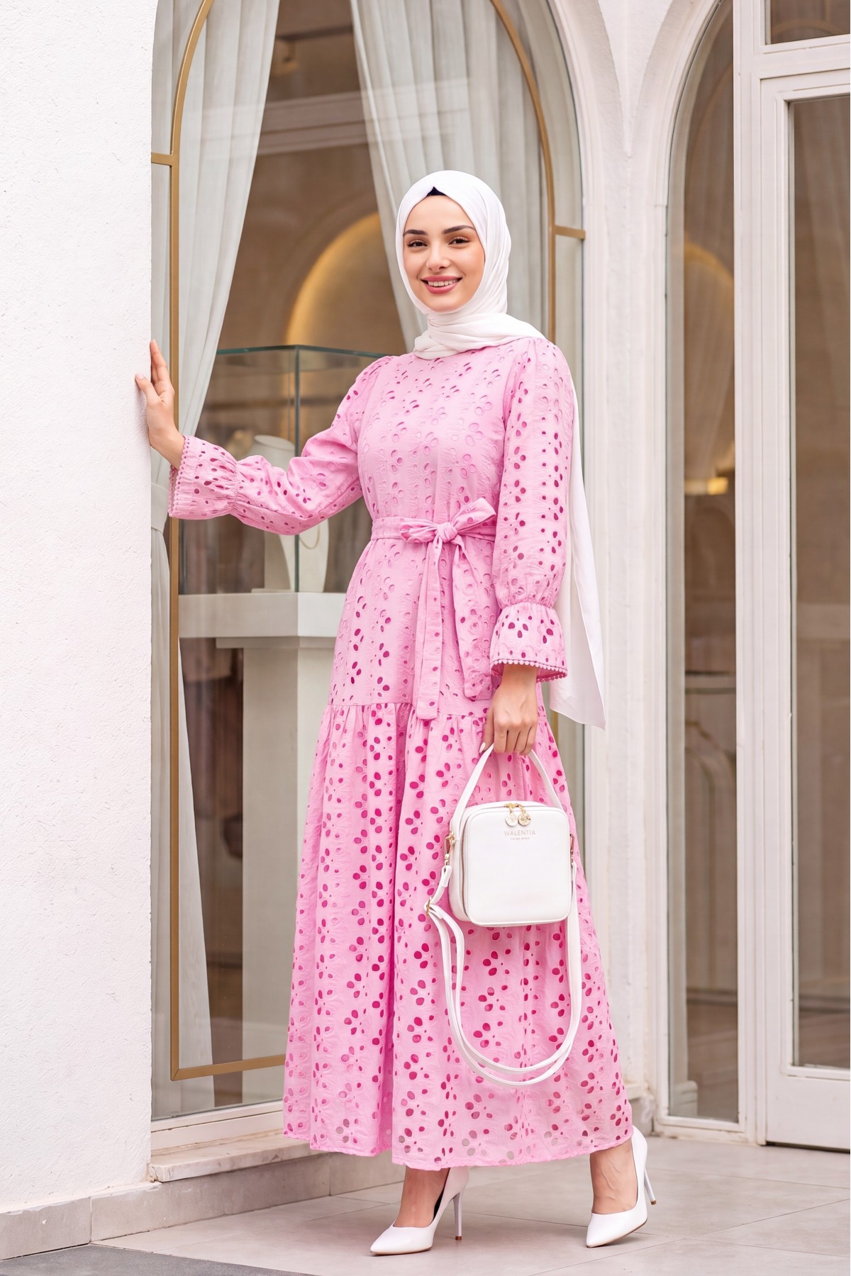 Crew Neck, Ruffled, Elasticated Sleeves, Lined Long Linen Dress -Pink