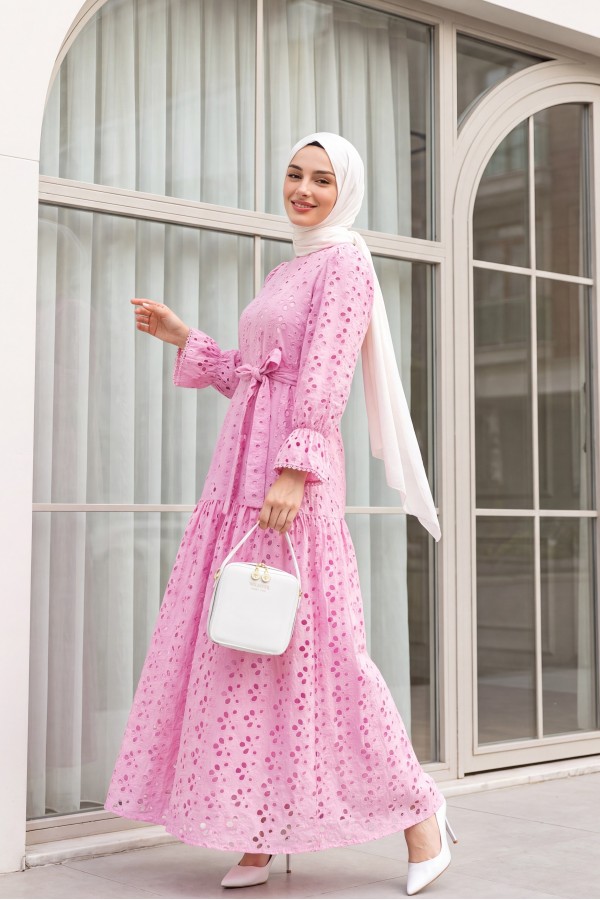Crew Neck, Ruffled, Elasticated Sleeves, Lined Long Linen Dress -Pink