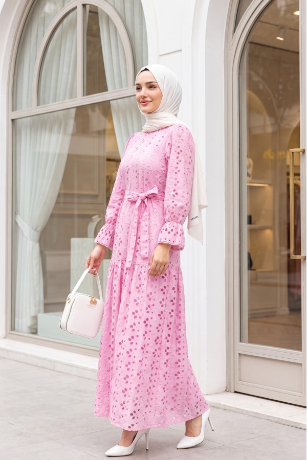 Crew Neck, Ruffled, Elasticated Sleeves, Lined Long Linen Dress -Pink