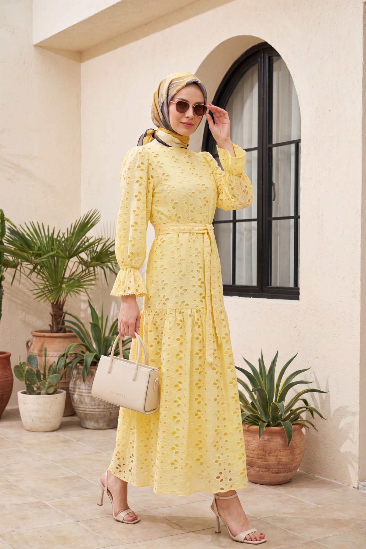 Crew Neck, Ruffled, Elasticated Sleeves, Lined Long Linen Dress -أصفر