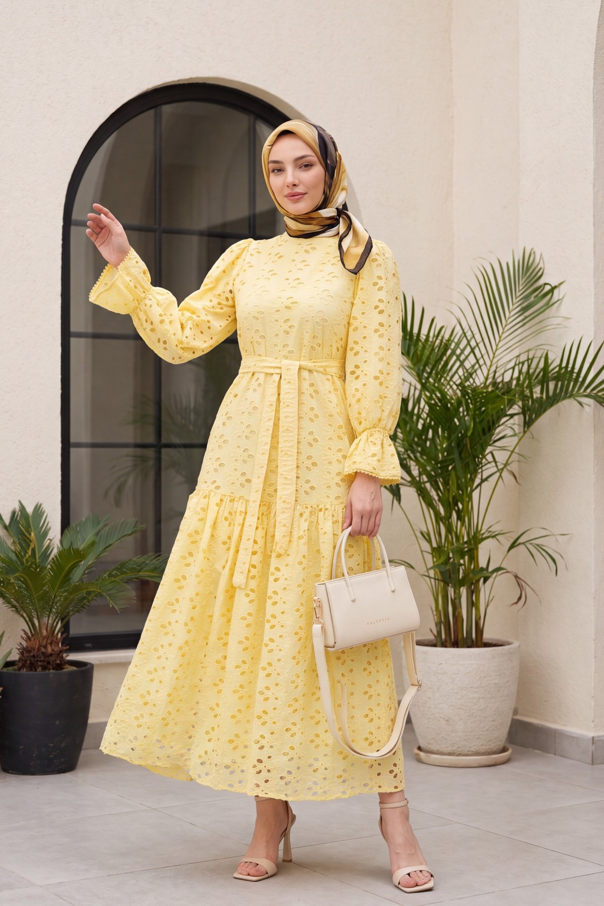 Crew Neck, Ruffled, Elasticated Sleeves, Lined Long Linen Dress -أصفر