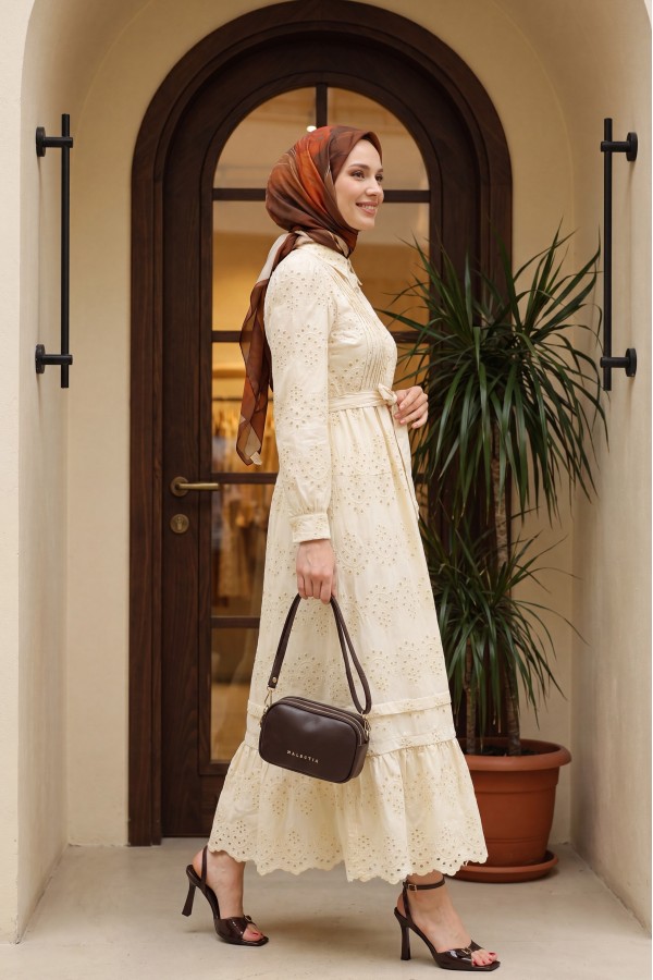 Imported Linen Dress with Ribbed Front, Frilled Trim, Lined, and Belted Shirt Collar. - Beige