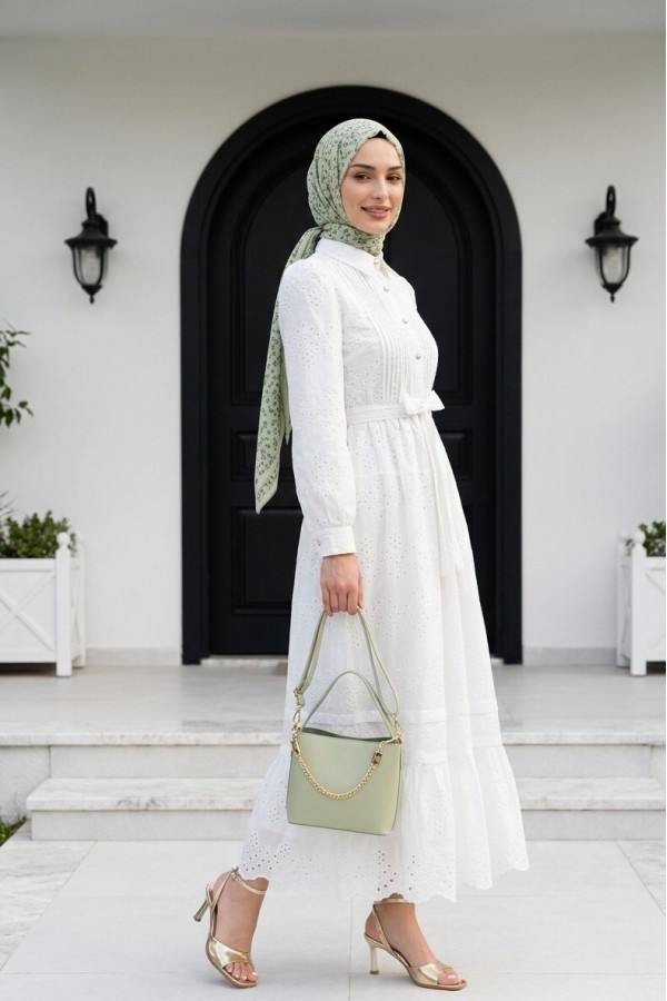 Imported Linen Dress with Ribbed Front, Frilled Trim, Lined, and Belted Shirt Collar. -White