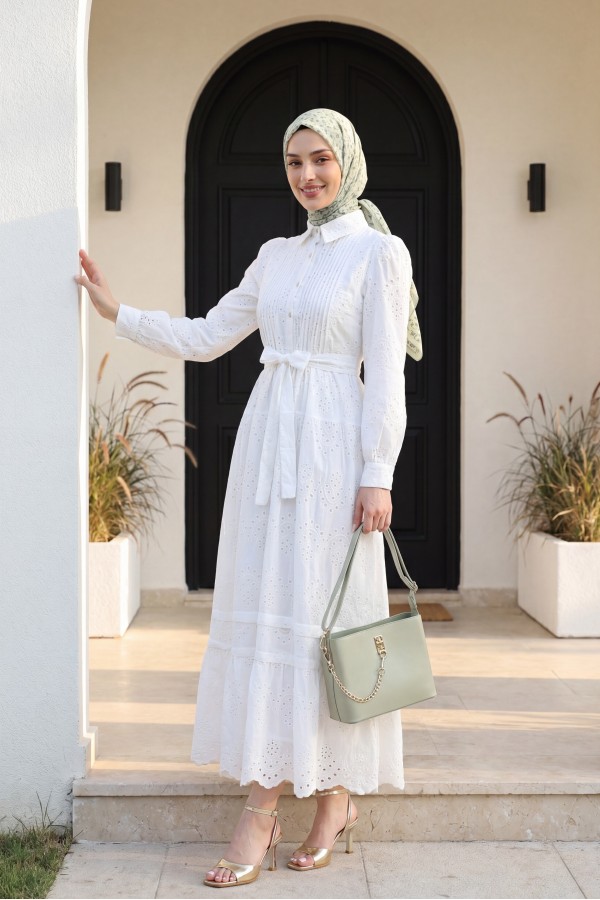 Imported Linen Dress with Ribbed Front, Frilled Trim, Lined, and Belted Shirt Collar. -White
