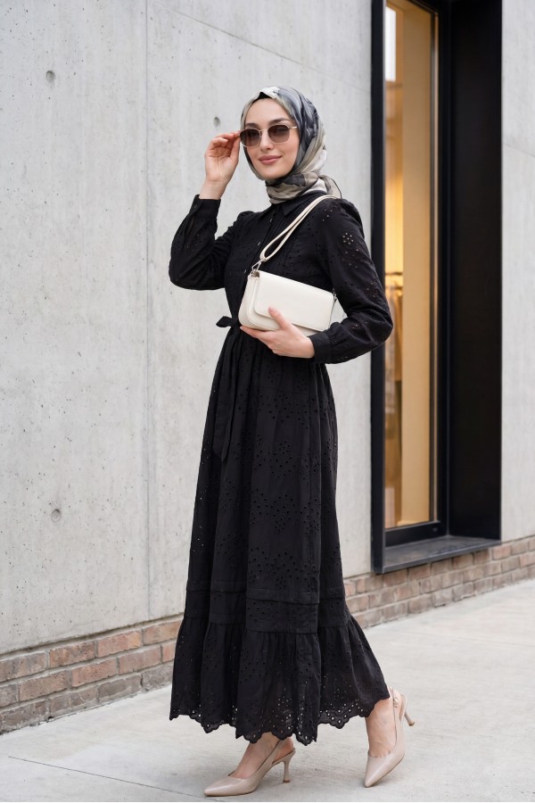 Imported Linen Dress with Ribbed Front, Frilled Trim, Lined, and Belted Shirt Collar. -Black