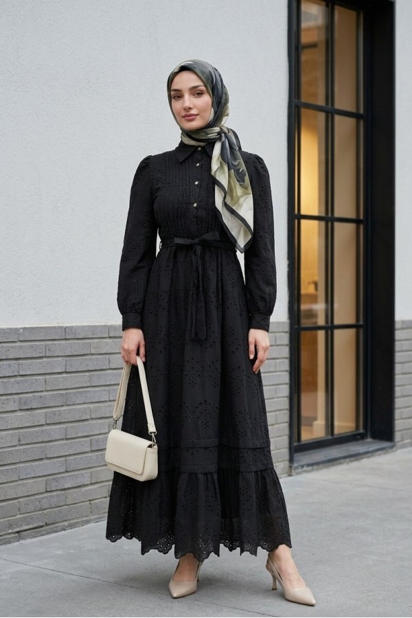 Imported Linen Dress with Ribbed Front, Frilled Trim, Lined, and Belted Shirt Collar. -Black