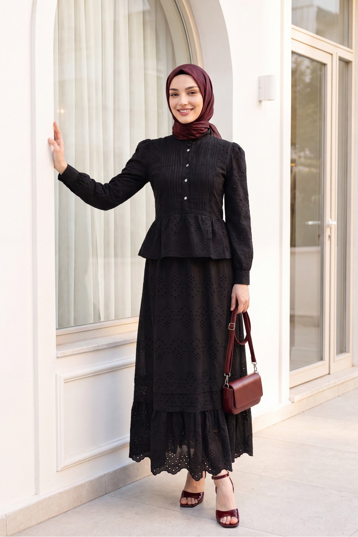 Linen suit with ribbed front, stone buttons, ruffled hem, and lined skirt.  -Black