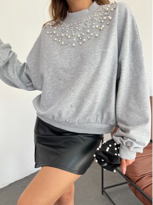 Half Turtleneck Sweat with Pearls and Stones -Grey