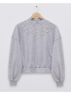 Yarım Boğazlı Önü İncili Taşlı Sweat -Gri